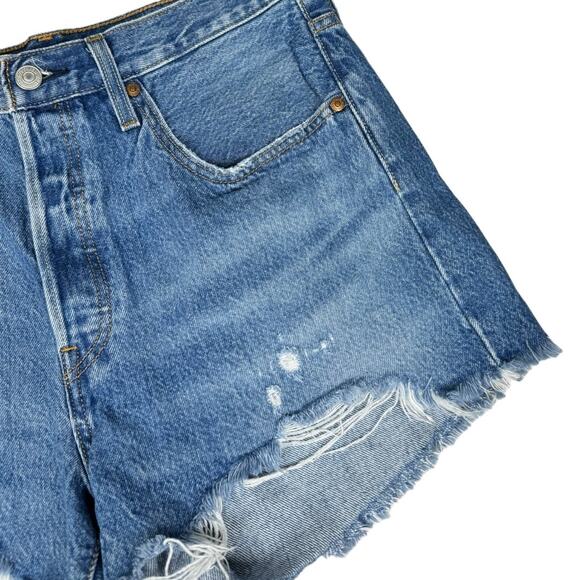 Levi's 501 High Rise Denim Shorts 30 Cut Offs Medium Blue Wash Jean Distressed - Picture 4 of 7